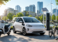 Carro elétrico branco carregando ao lado de scooter e bicicleta em cidade moderna com painéis solares