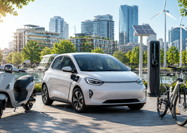 Carro elétrico branco carregando ao lado de scooter e bicicleta em cidade moderna com painéis solares