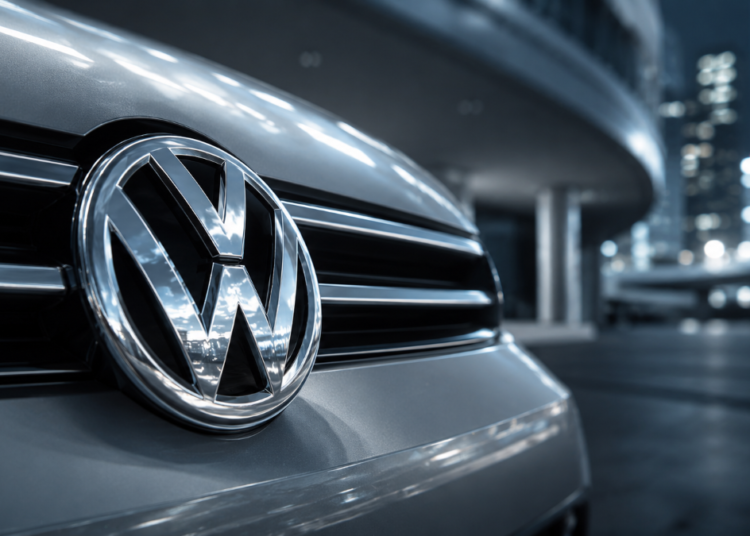 Emblema cromado da Volkswagen em close na parte frontal de carro prateado, fundo urbano desfocado