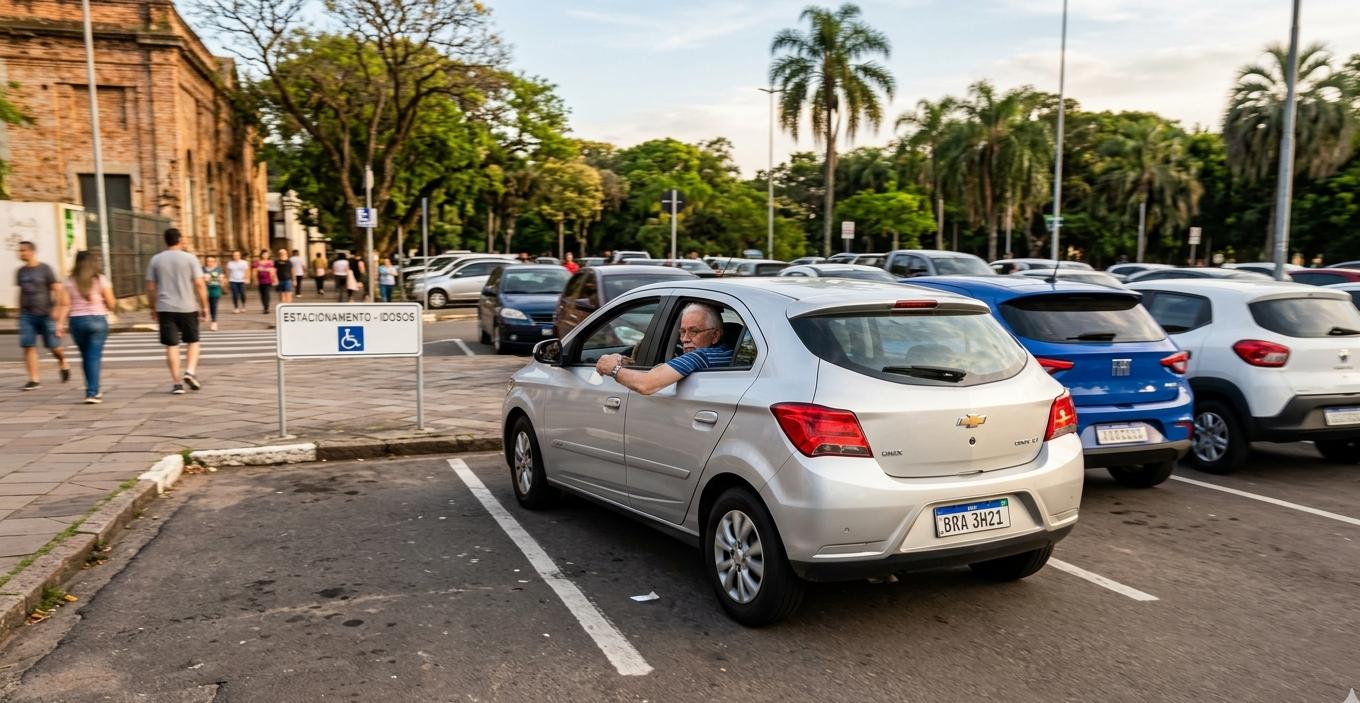Idoso conduzindo Chevrolet Onix prata em estacionamento para idosos com placa Mercosul BRA 3H21