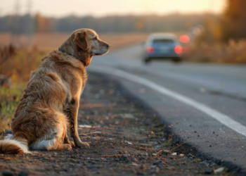 Cachorro sentado à beira da estrada ao entardecer.