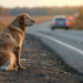 Cachorro sentado à beira da estrada ao entardecer.