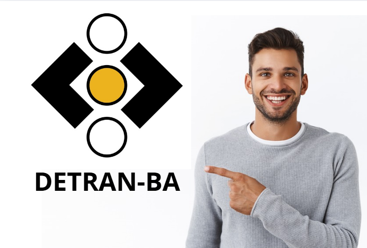 Jovem sorridente aponta para logo do Detran da Bahia em destaque.
