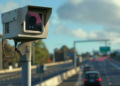 Radar de velocidade registra veículos em rodovia movimentada.