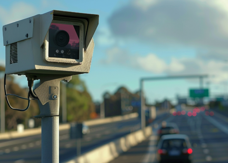 Radar de velocidade registra veículos em rodovia movimentada.