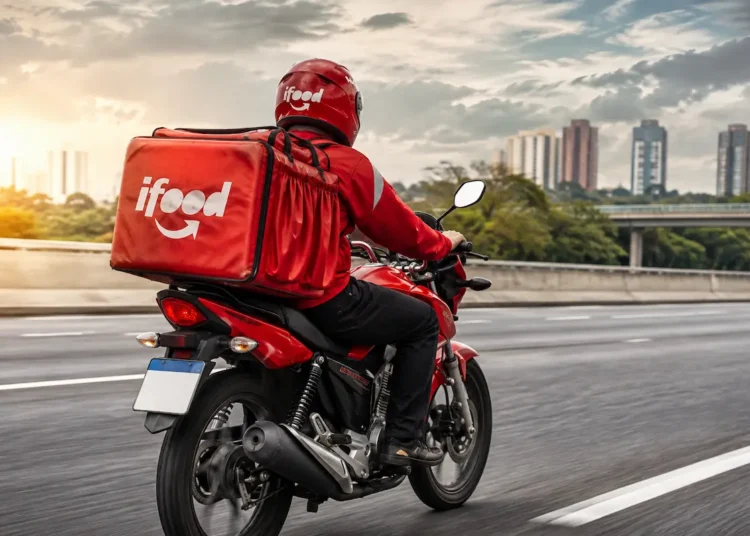 Entregador do iFood em motocicleta representa a entrega de medicamentos por aplicativos após decisão da Anvisa.