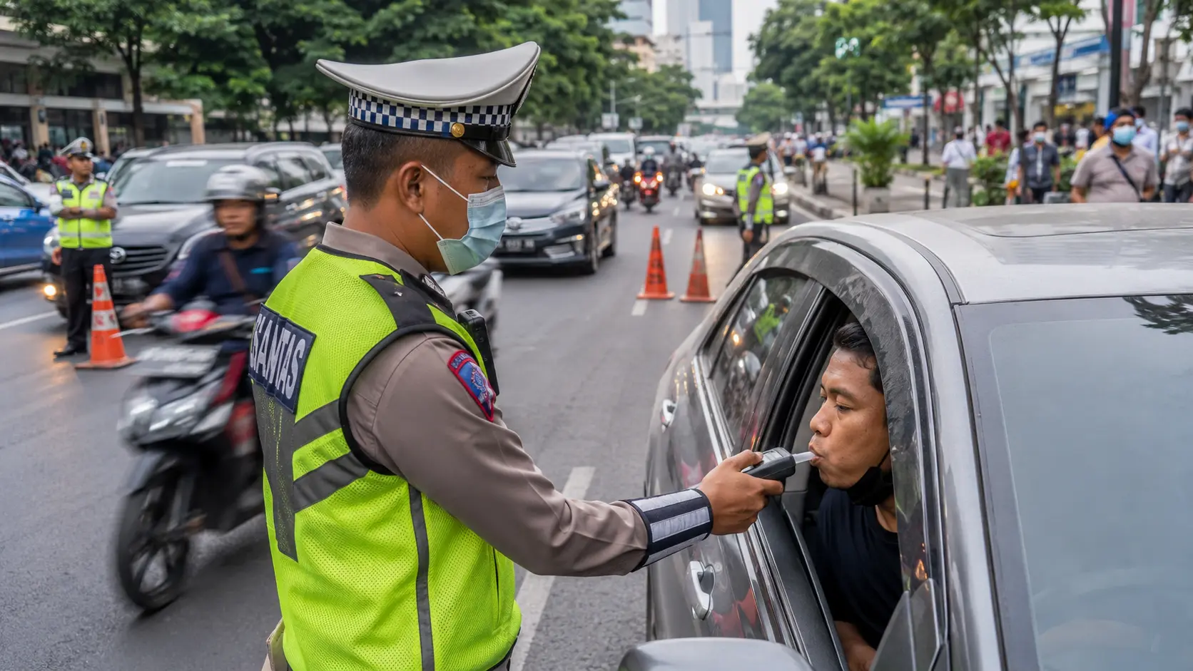Agente de trânsito realiza teste em motorista durante fiscalização para detectar presença de substâncias psicoativas.