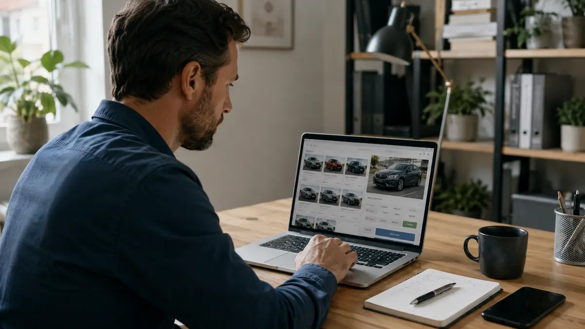 Homem participa de leilão online de carros pelo computador.