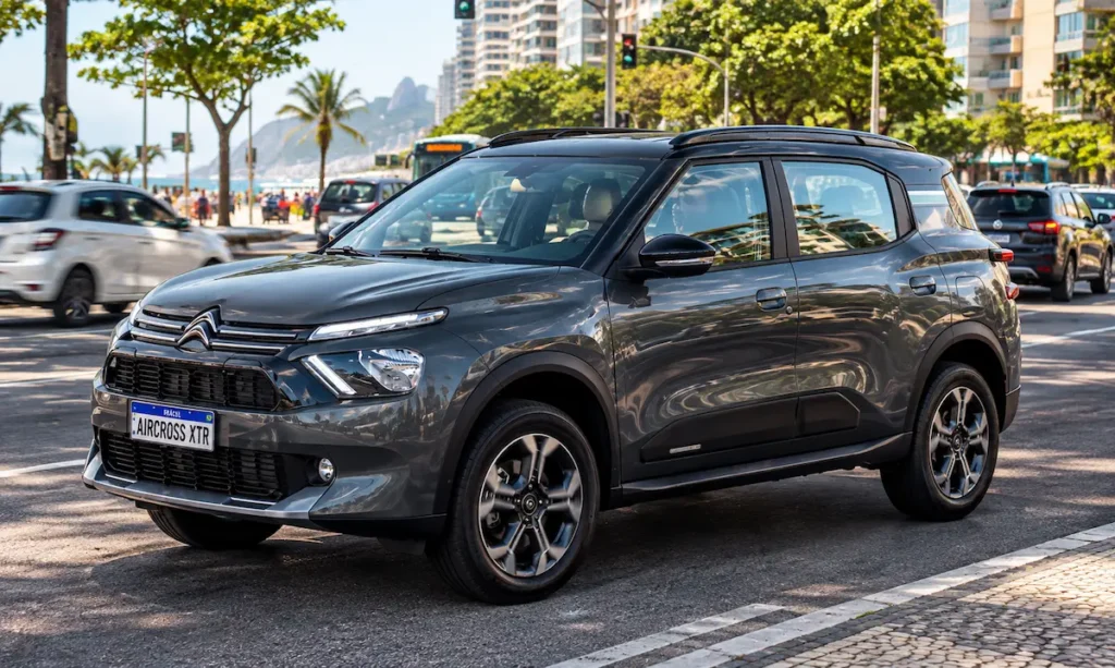 SUV cinza está estacionado em uma rua movimentada, cercado por outros veículos e prédios urbanos.