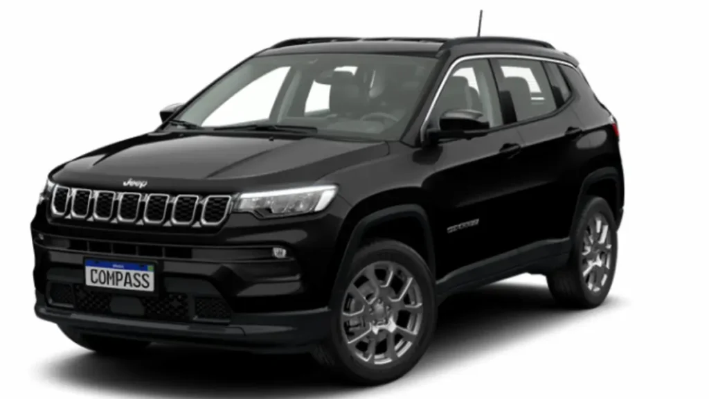Jeep Compass Sport preto e fundo branco.