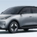 Geely EX2 prata com teto preto visto de lado, destaque para linhas arredondadas.