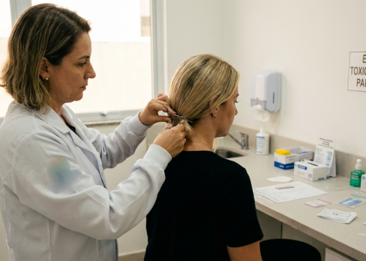 Profissional coletando amostra de cabelo para exame toxicológico da CNH.