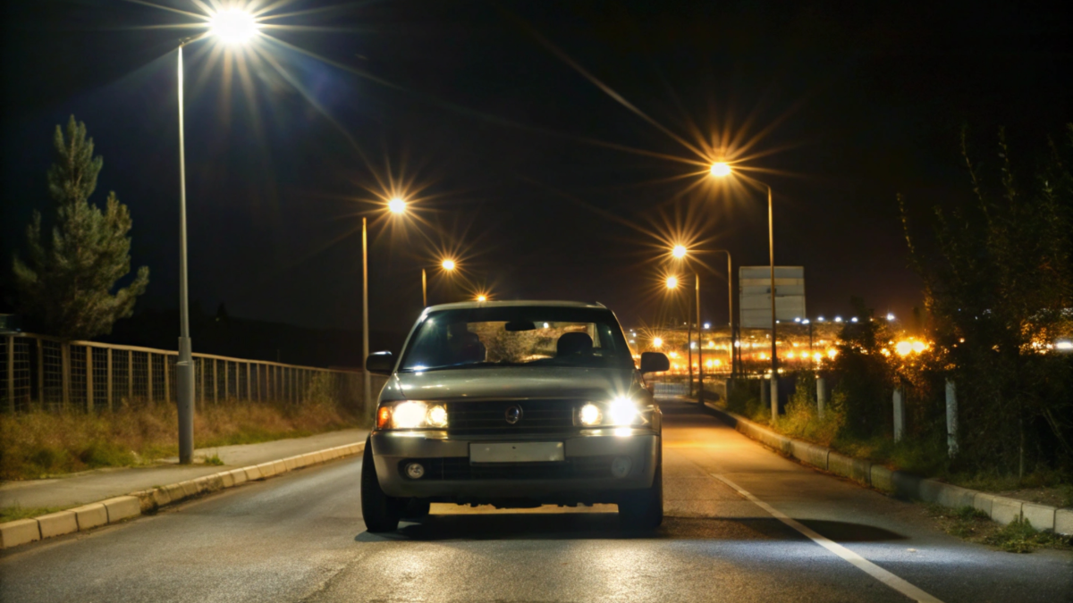 Carro parado sob luzes urbanas à noite em via iluminada.