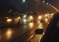 Trânsito intenso em avenida iluminada à noite com carros e faróis refletindo no asfalto molhado.