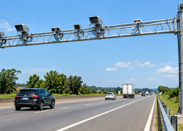 Radares eletrônicos instalados em uma rodovia movimentada.