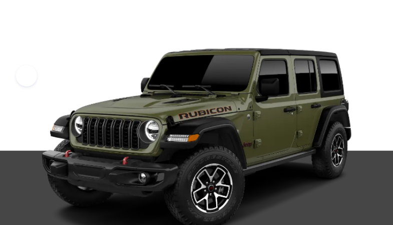 Jeep Wrangler Rubicon verde oliva estacionado com detalhes pretos e rodas esportivas.