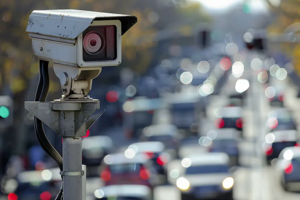 Radar eletrônico de fiscalização instalado em uma via movimentada.