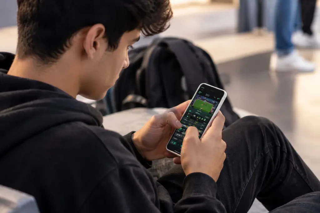 Jovem acessa plataforma de apostas online pelo celular, hábito que pode comprometer o orçamento destinado à faculdade.