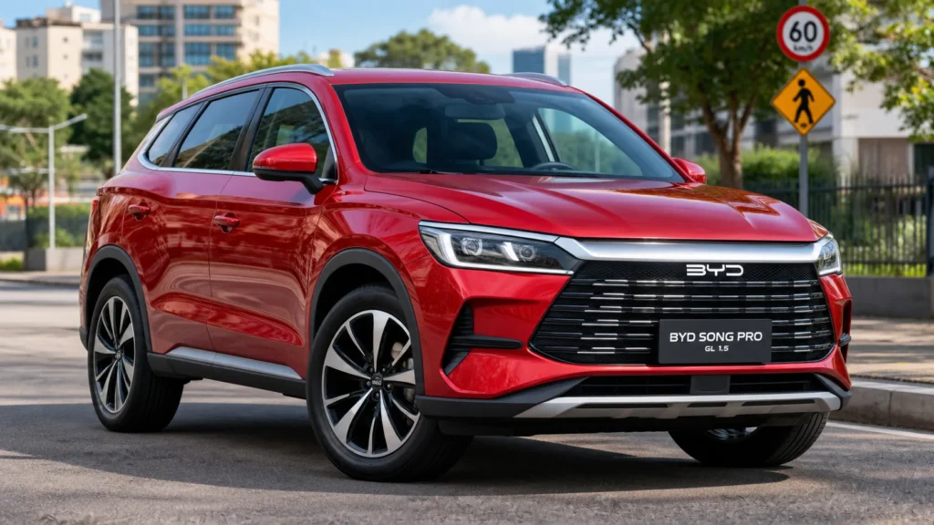 Imagem ilustrativa de SUV BYD Song Pro GL vermelho parado em via urbana com placa de 60 km/h ao fundo, exemplo de carros chineses híbridos usados