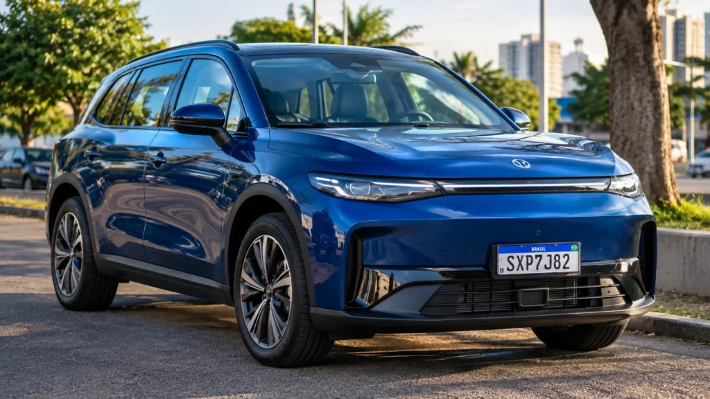 Imagem ilustrativa de SUV GWM Haval H6 azul estacionado em frente a uma concessionária da marca, exemplo de carros chineses híbridos usados