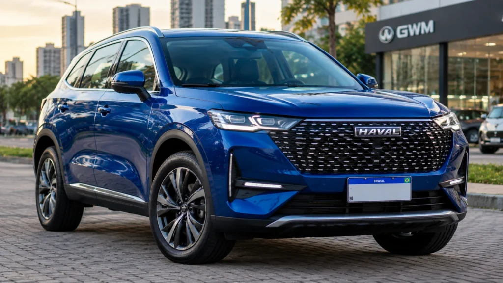 magem ilustrativa de SUV Leapmotor C10 azul com placa do Mercosul estacionado em avenida arborizada, exemplo de carros chineses híbridos usados