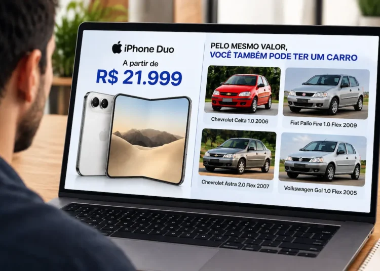 Pessoa analisando no notebook comparação entre preço do iPhone Duo e carros usados pelo mesmo valor.