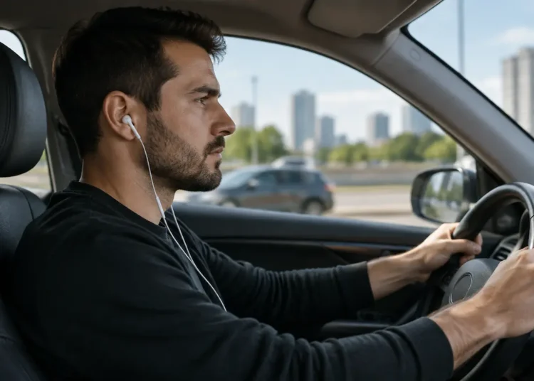 Motorista dirige carro usando fone de ouvido, conduta considerada infração média pelo CTB.