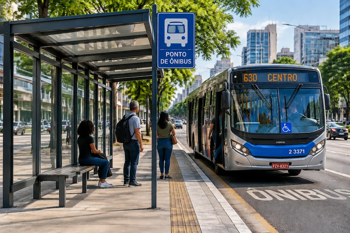 Ônibus parado em ponto de transporte coletivo com sinalização de embarque e desembarque.