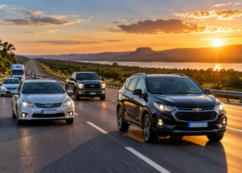 Carros circulando em rodovia representam a isenção do IPVA para veículos elétricos no Tocantins.
