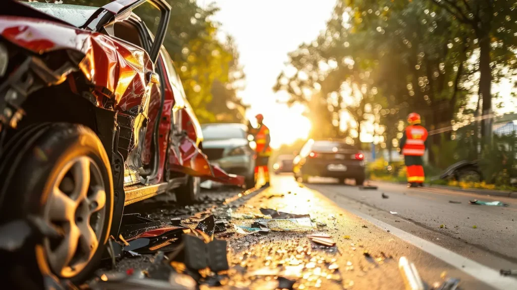 Carro destruído após acidente de trânsito, com destroços espalhados pela pista e agentes de segurança atuando no local da ocorrência.