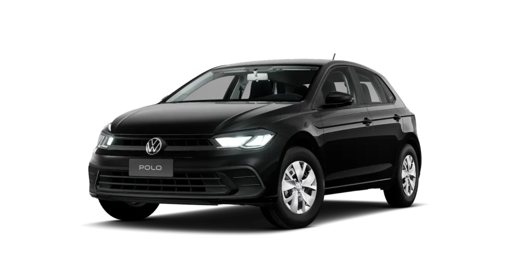 Volkswagen Polo Sense preto visto de frente e de lado, com os faróis acesos.