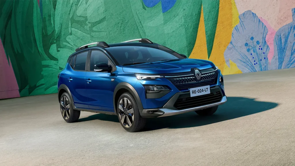 Renault Kardian azul visto de frente e de lado, estacionado diante de um mural colorido.