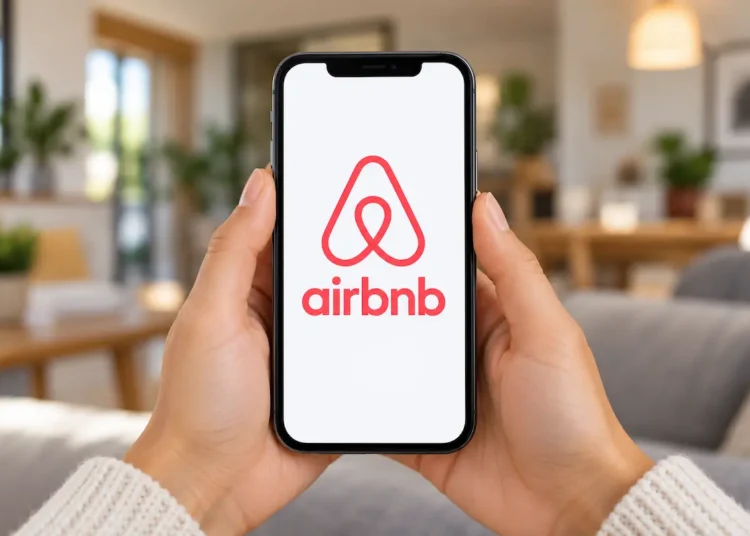Mãos seguram um celular com o logotipo do Airbnb na tela.