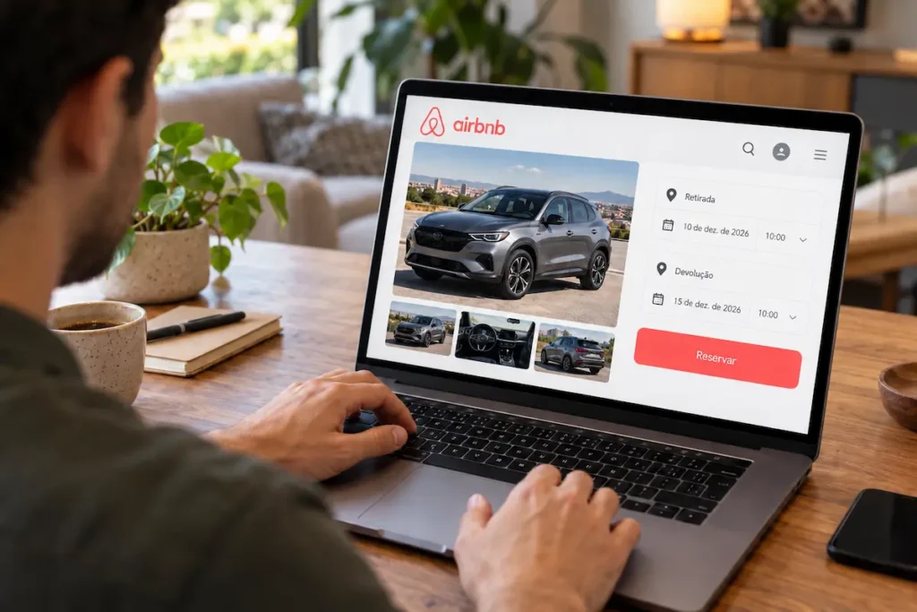 Pessoa usa um notebook com uma tela ilustrativa de reserva de carro pelo Airbnb.