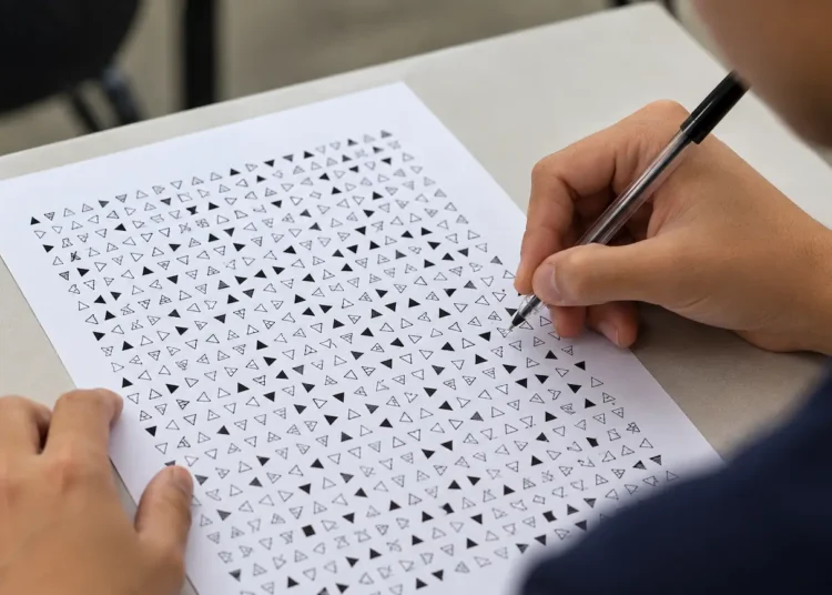 Candidato realiza teste de atenção com figuras geométricas durante o exame psicotécnico para obtenção da CNH.