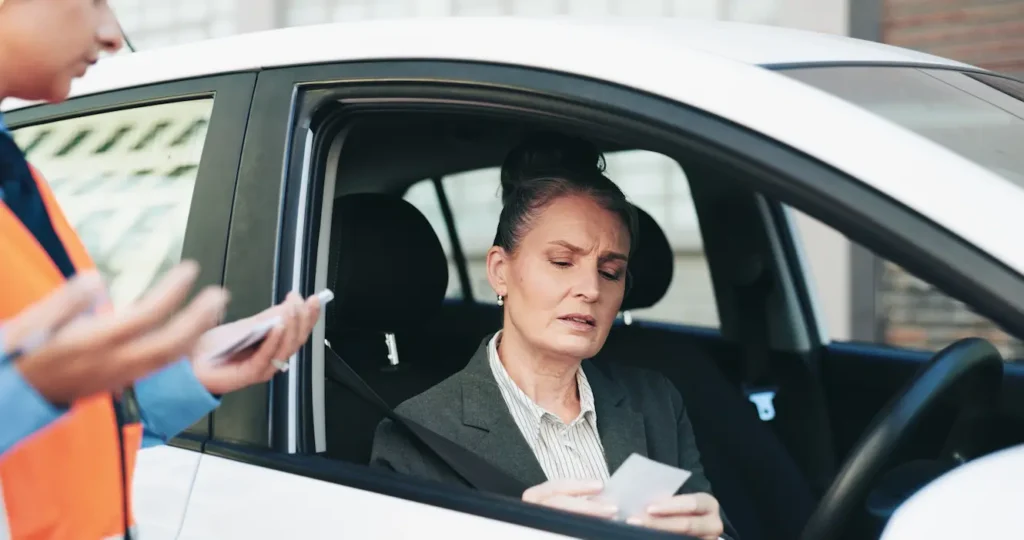 Motorista observa um documento dentro de um carro branco, enquanto uma pessoa com colete laranja segura um bloco e uma caneta ao lado da janela.