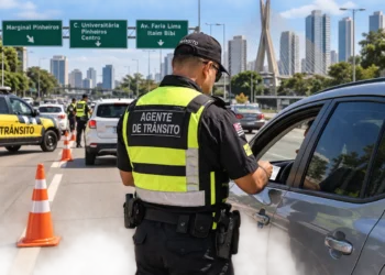 Agente de trânsito fiscaliza um veículo durante uma blitz em avenida movimentada, representando as regras para motoristas com multas atrasadas.