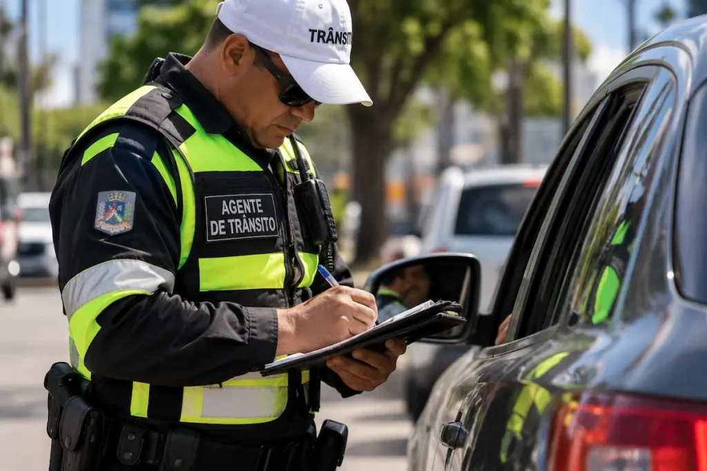 Agente de trânsito preenche documento durante fiscalização de veículo, representando a verificação de multas pendentes e licenciamento atrasado.