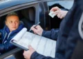 Motorista dentro de um carro acompanha agente que verifica um documento e faz anotações em formulário.