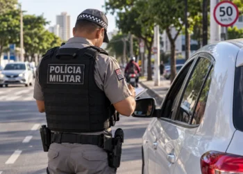 Policial militar de costas registra uma autuação de trânsito ao lado de um carro branco em uma via urbana.