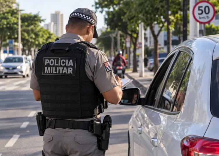 Policial militar de costas registra uma autuação de trânsito ao lado de um carro branco em uma via urbana.