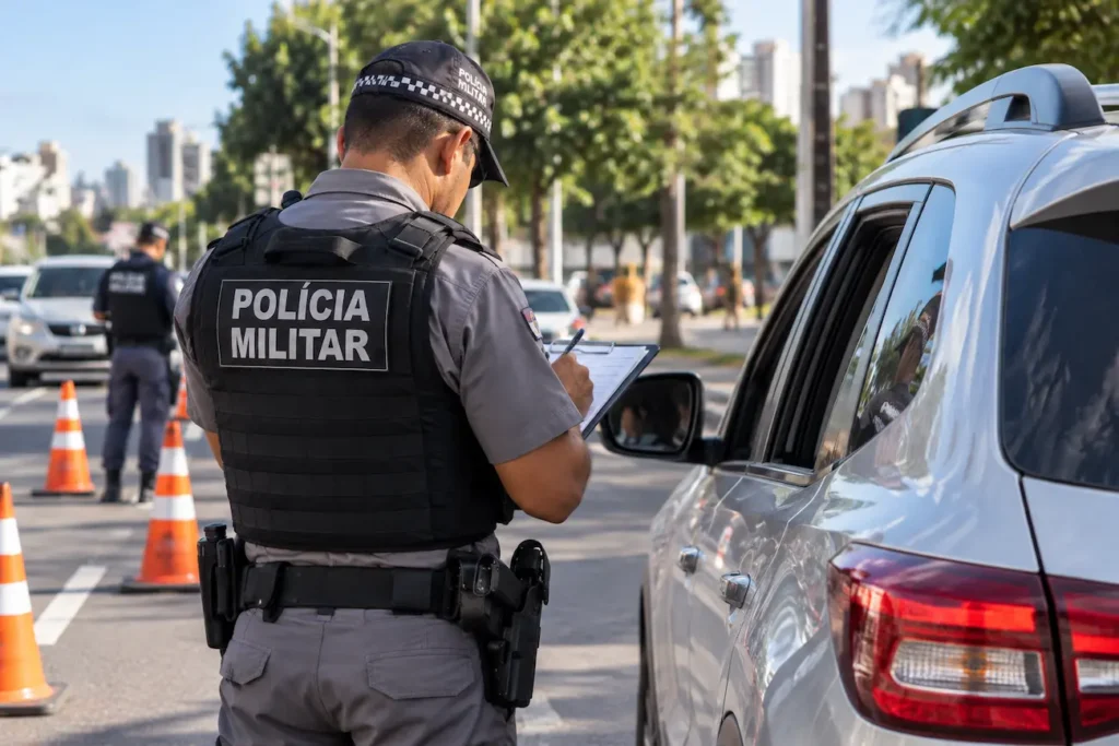 Policial militar de costas preenche documento de fiscalização de trânsito ao lado de um SUV prata, durante abordagem em via urbana.