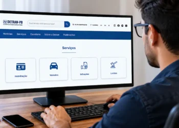 Homem acessa o novo portal do Detran-PB pelo computador, com serviços digitais de habilitação, veículos, infrações e leilões disponíveis na tela.
