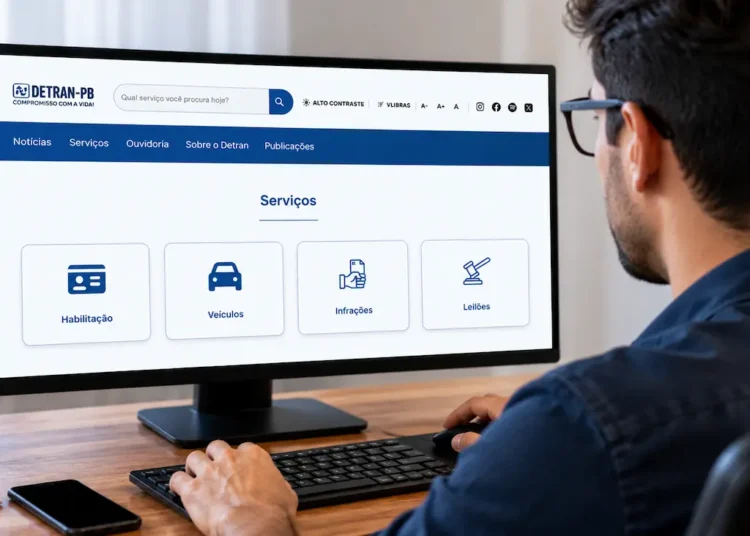 Homem acessa o novo portal do Detran-PB pelo computador, com serviços digitais de habilitação, veículos, infrações e leilões disponíveis na tela.