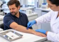 Profissional de laboratório coleta pelos do antebraço de um homem com barbeador descartável para exame toxicológico.