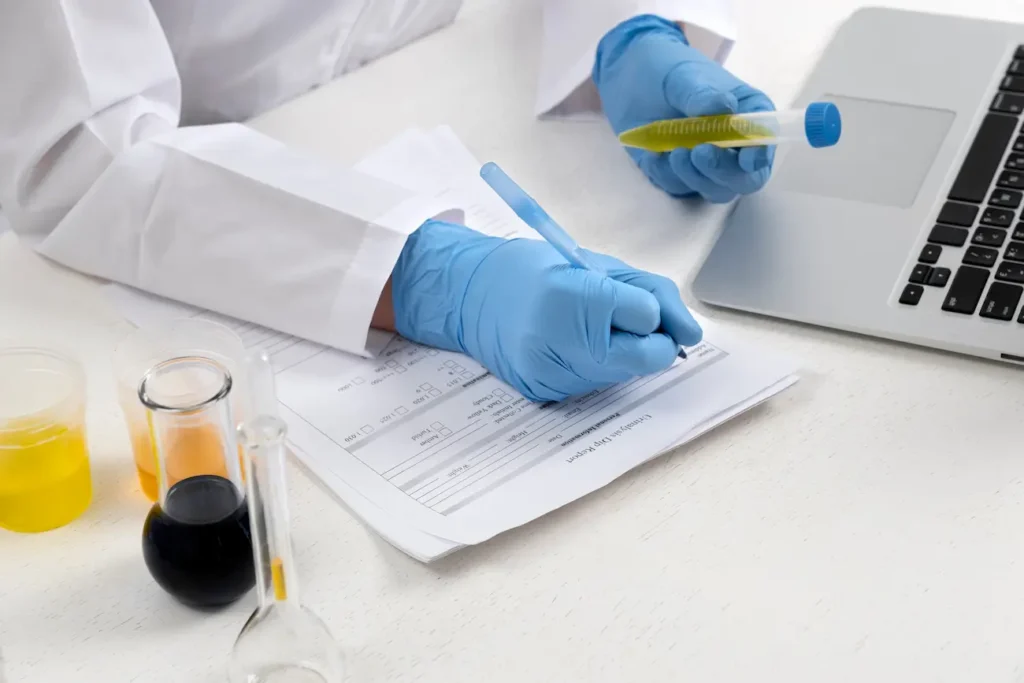 Profissional de laboratório analisa amostra e preenche formulário, representando o exame toxicológico exigido para a primeira CNH.